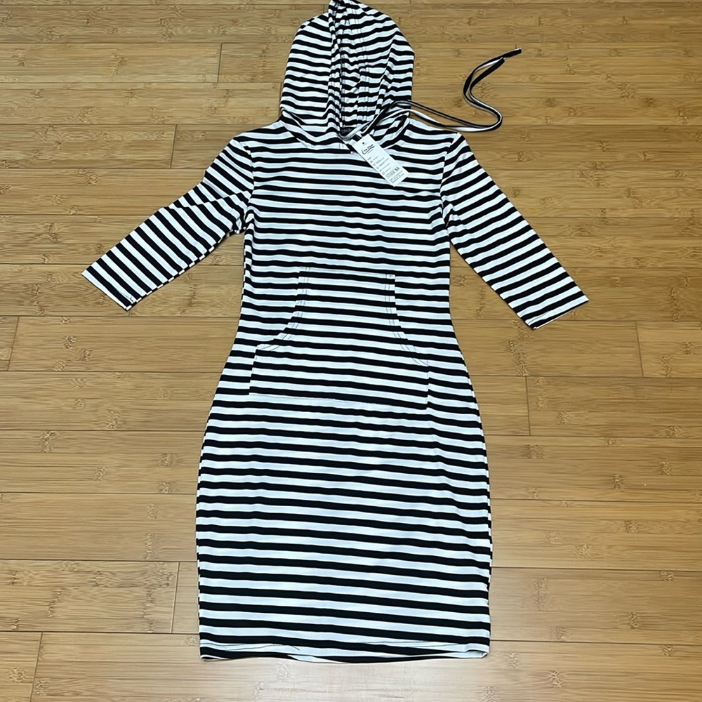 Elia Cher Slinky Apres Sun Hoodie Dress XS Black and White stripes